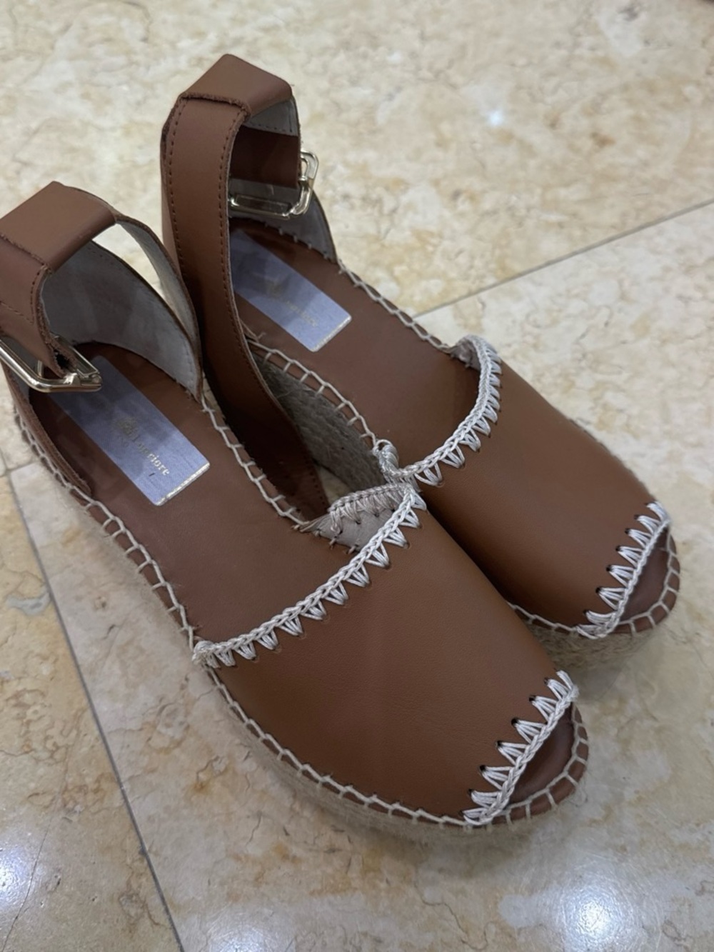 Mansur Gavriel Brown Leather Espadrille Slingbacks with White Stitching